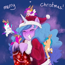 Size: 1676x1666 | Tagged: safe, artist:aztrial, hitch trailblazer, izzy moonbow, pipp petals, sunny starscout, zipp storm, deer, earth pony, pegasus, pony, reindeer, unicorn, g5, caption, christmas, clothes, costume, female, hat, holiday, horn, male, mane five, mare, merry christmas, reindeerified, santa costume, santa hat, shrunk, size difference, species swap, stallion, sweater, text, winter outfit