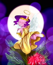 Size: 1688x2048 | Tagged: safe, artist:aztrial, pipp petals, pegasus, pony, g5, abstract background, angel costume, christmas, christmas tree, cloak, clothes, female, halo, holiday, mare, pipp is short, pipp is smol, solo, tree