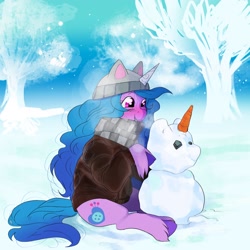 Size: 2048x2048 | Tagged: safe, artist:aztrial, izzy moonbow, pony, unicorn, g5, breath, carrot, cat ears, clothes, cute, female, food, hat, horn, izzybetes, mare, outdoors, scarf, smiling, snow, snowman, solo, sweater, tree, unshorn fetlocks, winter, winter outfit