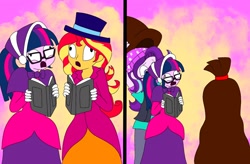 Size: 2266x1488 | Tagged: safe, artist:artsymlp12, starlight glimmer, sunset shimmer, twilight sparkle, human, undead, zombie, equestria girls, g4, bagged, caroling, clothes, comic, dress, gown, long dress, long skirt, skirt, victorian, victorian dress