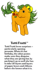 Size: 550x1000 | Tagged: safe, tutti frutti, earth pony, pony, g1, my little pony fact file, official, bow, closed mouth, cute, female, g1 backstory, mare, smiling, solo, tail, tail bow, text, trademark, tuttibetes