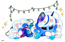 Size: 1600x1037 | Tagged: safe, artist:princessmoonsilver, oc, oc:star chaser, pony, unicorn, christmas, christmas lights, female, holiday, horn, mare, simple background, sleeping, solo, transparent background