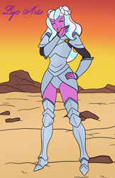 Size: 1200x1850 | Tagged: safe, alternate version, artist:linedraweer, opaline arcana, human, equestria girls, g4, g5, antagonist, armor, cackling, commission, desert, female, hair bun, laughing, solo, solo female, villainess, villainess laugh