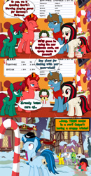 Size: 1280x2457 | Tagged: safe, artist:jasperpie, oc, oc:eleboy, oc:frostbite, oc:harmony dancer, oc:jack skellington pone, oc:jasper pie, oc:melody flame, oc:midnight sonata, oc:thespio, kirin, breaking the fourth wall, candy, candy cane, casper cake, comic, derby (hat), fez, food, hat, hearth's warming decorations, pie's pizzeria, pie's pizzeria (ponyville), pony eleboy, ponyville, snow, tongue out, tongue stuck, tongue stuck to pole, wreath