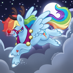 Size: 2400x2400 | Tagged: safe, artist:sparkytopia, rainbow dash, pegasus, pony, g4, animal costume, antlers, bridle, costume, cute, dashabetes, eyes closed, female, flying, mare, moon, night, open mouth, open smile, outdoors, reindeer antlers, reindeer costume, rudolph dash, rudolph nose, signature, smiling, solo, spread wings, tack, unshorn fetlocks, wings, ych example, your character here