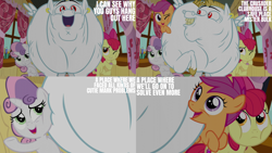 Size: 2000x1125 | Tagged: safe, edit, edited screencap, editor:quoterific, screencap, apple bloom, bulk biceps, scootaloo, sweetie belle, earth pony, pegasus, pony, unicorn, g4, my little pony: friendship is magic, on your marks, bipedal, clubhouse, crusaders clubhouse, cutie mark crusaders, female, filly, foal, horn, indoors, male, stallion