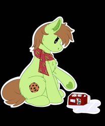 Size: 1250x1500 | Tagged: safe, artist:decemberbreeze, oc, oc only, earth pony, pony, black background, chest fluff, clothes, cookie, drink, earth pony oc, food, meme, milk, scarf, simple background, solo, spilled drink, spilled milk, underhoof