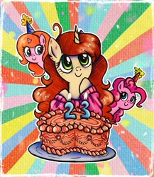 Size: 1780x2048 | Tagged: safe, artist:dariarchangel, pinkie pie, oc, oc:dariarchangel, oc:dazha, earth pony, unicorn, g4, adorable face, ahoge, bags under eyes, birthday, birthday cake, blue eyes, bust, c:, cake, candle, candlelight, clothes, confetti, curly hair, curly mane, cute, cute face, cute smile, female, female oc, food, freckles, green eyes, happy, happy birthday, hat, heartwarming, hoof on chin, horn, long hair, long mane, looking at someone, looking up, mare oc, ocbetes, orange hair, orange mane, pale coat, party hat, passepartout, pink coat, pink hair, pink mane, pink sweater, plate, ponified artist, ponk, ponysona, portrait, scratches, self insert, self portrait, small horn, smiling, sunburst background, sweater, torn ear, traditional art, trio, trio female, unicorn oc, weapons-grade cute