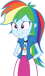 Size: 2959x5000 | Tagged: safe, artist:octosquish7260, rainbow dash, human, equestria girls, equestria girls specials, g4, my little pony equestria girls: movie magic, arms, clothes, collar, cutie mark on clothes, female, geode of super speed, grin, hands behind back, jacket, long hair, magical geodes, nervous, nervous smile, shirt, short sleeves, simple background, skirt, smiling, solo, standing, sweatshirt, teenager, teeth, transparent background, wristband