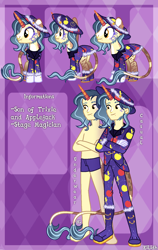 Size: 950x1500 | Tagged: safe, artist:eilidh-draw, oc, oc only, oc:gala royal, pony, unicorn, equestria girls, g4, barefoot, blue underwear, boots, clothes, coat, commission, equestria girls-ified, eyeshadow, feet, gloves, hat, horn, leonine tail, lip piercing, magical lesbian spawn, makeup, male, markings, nose piercing, nose ring, offspring, pants, parent:applejack, parent:trixie, parents:tripplejack, piercing, pixel-crisp art, ponied up, reference sheet, shirt, shoes, sideburns, snake bites, solo, stallion, tail, underwear, ych result