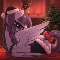 Size: 3000x3000 | Tagged: safe, artist:t72b, inky rose, pegasus, pony, spider, g4, antlers, bedroom eyes, blushing, bow, butt, candle, christmas, christmas tree, clothes, costume, covering face, eyeshadow, female, hat, holiday, indoors, looking at you, looking back, looking back at you, lying down, makeup, mare, on side, pentagram, plot, raised tail, santa costume, santa hat, sexy, sexy santa costume, skull, solo, spider web, spread wings, stupid sexy inky rose, tail, tail bow, tree, wings