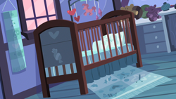 Size: 1280x720 | Tagged: safe, screencap, baby cakes, g4, my little pony: friendship is magic, season 2, ball, bedside stand, crib, crib mobile, dutch angle, heart, indoors, missing, mobile, no pony, pillow, pink sky, plushie, scenic ponyville, sugarcube corner, sugarcube corner (interior), teddy bear, toy