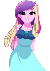 Size: 850x1200 | Tagged: safe, alternate version, artist:rosemile mulberry, dean cadance, princess cadance, human, equestria girls, g4, bare shoulders, clothes, dress, female, grin, looking at you, simple background, sleeveless, smiling, smiling at you, solo, white background