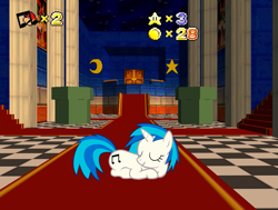 Size: 999x757 | Tagged: safe, artist:husksummers, editor:someguywithhands132, dj pon-3, vinyl scratch, pony, unicorn, g4, 1000 years in photoshop, b3313, bowser, carpet, checkered floor, coin, door, eyes closed, female, game, horn, interior, lying down, mare, mario, mario hat, moon, numbers, painting, pillar, pipe, smiling, solo, stairs, stars, super mario, super mario 64, video game, video game crossover