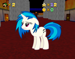 Size: 1128x885 | Tagged: safe, artist:namelesshero2222, editor:someguywithhands132, dj pon-3, vinyl scratch, pony, unicorn, g4, 1000 years in photoshop, b3313, bricks, cap, carpet, coin, door, doorknob, female, frown, game, hat, horn, interior, luigi, luigi's hat, mare, numbers, pillar, solo, stairs, super mario, super mario 64, video game, video game crossover