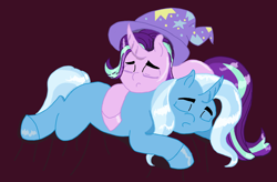 Size: 1266x833 | Tagged: safe, starlight glimmer, trixie, pony, unicorn, g4, female, horn, lesbian, pillow, ship:startrix, shipping, sleeping