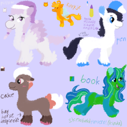 Size: 2048x2048 | Tagged: safe, artist:mintwhistle, breezie, earth pony, pegasus, pony, unicorn, baseball cap, battle for dream island, blushing, book (battle for dream island), bow, cake (battle for dream island), cap, coat markings, colored hooves, colored wings, crossover, dot eyes, female, firey jr., flying, group, hairband, hat, heterochromia, hidden horn, hooves, horn, krita, lavender background, male, mare, multicolored coat, multicolored hair, multicolored wings, nightcap, open mouth, open smile, pale belly, pen (battle for dream island), pillow (battle for dream island), ponified, purple background, quintet, simple background, smiling, socks (coat markings), spread wings, stallion, tail, tail bow, unshorn fetlocks, wings