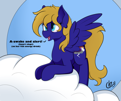 Size: 2585x2146 | Tagged: safe, artist:cloudybirb, oc, oc only, oc:cloud quake, pegasus, pony, cloud, on a cloud, pegasus oc, solo, speech, spread wings, talking, text, tired, wings