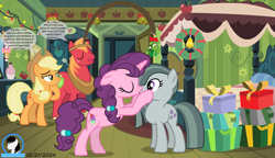 Size: 11061x6354 | Tagged: safe, artist:creedyboy124, artist:estories, applejack, big macintosh, marble pie, sugar belle, earth pony, pony, unicorn, g4, applejack's hat, background, bed, bedroom, brother and sister, christmas decoration, cowboy hat, duo, duo female, eyes closed, female, funny, hat, horn, kissing, lesbian, lesbian in front of boys, male, marbelle, mare, mistletoe, present, shipping, siblings, speech bubble, stallion, unicorn horn