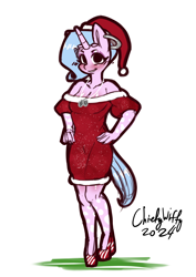 Size: 992x1403 | Tagged: safe, artist:chiefywiffy, oc, oc:chiefy, unicorn, anthro, anthro oc, christmas, clothes, dress, ear piercing, earring, female, hat, high heels, holiday, horn, jewelry, mare, piercing, santa hat, shoes, simple background, solo, white background