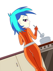 Size: 1768x2371 | Tagged: safe, artist:yaya54320bases, dj pon-3, vinyl scratch, human, equestria girls, g4, ass, base used, breasts, busty vinyl scratch, butt, cooking, latex, latex suit, looking back, solo, totally spies