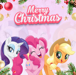 Size: 2744x2706 | Tagged: safe, artist:saltyvity, edit, applejack, pinkie pie, rarity, earth pony, pony, unicorn, g4, 2025, blue eyes, christmas, christmas ball, christmas tree, gradient background, green eyes, happy, happy new year, holiday, horn, looking at you, merry christmas, pink background, pink hair, purple hair, simple background, smiling, smiling at you, snow, solo, stars, tree, yellow hair