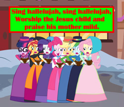 Size: 3881x3353 | Tagged: safe, artist:cartoonmasterv3, applejack, fluttershy, pinkie pie, rainbow dash, rarity, sci-twi, sunset shimmer, twilight sparkle, human, undead, zombie, equestria girls, g4, advent calendar, caroling, christmas, christmas 2024, clothes, dress, gown, holiday, humane five, humane seven, humane six, long dress, long skirt, skirt, victorian, victorian dress, victorian rarity