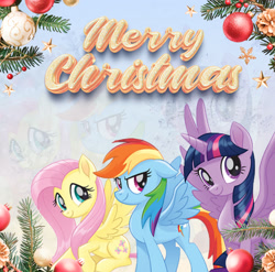 Size: 2744x2706 | Tagged: safe, artist:saltyvity, edit, fluttershy, rainbow dash, twilight sparkle, alicorn, pegasus, pony, g4, 2025, blue background, blue mane, christmas, christmas ball, christmas tree, gradient background, green eyes, happy new year, holiday, looking at you, merry christmas, multicolored hair, pink eyes, pink hair, purple eyes, rainbow hair, simple background, smiling, smiling at you, snow, solo, stars, tree, twilight sparkle (alicorn)