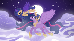 Size: 1280x714 | Tagged: safe, artist:velveagicsentryyt, twilight sparkle, oc, oc:galaxy swirls, oc:velvet sentry, alicorn, pony, g4, artificial wings, augmented, cloud, crown, cutie mark, ethereal mane, ethereal tail, female, flying, hoof shoes, jewelry, magic, magic wings, mare, moon, offspring, older, older twilight, older twilight sparkle (alicorn), parent:flash sentry, parent:twilight sparkle, parents:flashlight, peytral, princess shoes, princess twilight 2.0, regalia, starry mane, starry tail, tail, twilight sparkle (alicorn), wings