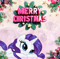 Size: 2744x2706 | Tagged: safe, artist:saltyvity, edit, rarity, pony, unicorn, g4, 2025, blue eyes, christmas, christmas ball, christmas tree, gradient background, happy new year, holiday, horn, makeup, merry christmas, pink background, purple hair, simple background, smiling, snow, solo, stars, tree