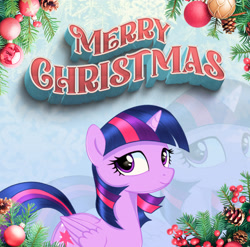 Size: 2744x2706 | Tagged: safe, artist:saltyvity, edit, twilight sparkle, alicorn, pony, g4, 2025, blue background, blue hair, christmas, christmas ball, christmas tree, gradient background, happy new year, holiday, looking at you, merry christmas, purple eyes, simple background, smiling, smiling at you, snow, solo, tree, twilight sparkle (alicorn)