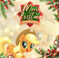 Size: 2744x2706 | Tagged: safe, artist:saltyvity, edit, applejack, earth pony, pony, g4, 2025, candy, christmas, christmas ball, christmas tree, food, gradient background, green eyes, happy, happy new year, holiday, looking at you, merry christmas, simple background, smiling, smiling at you, snow, solo, tree, yellow background, yellow hair