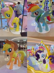 Size: 3442x4590 | Tagged: safe, applejack, fluttershy, pinkie pie, rarity, pony, g4, official, chinese, christmas, christmas tree, folded wings, holiday, indoors, irl, looking at you, looking back, musical instrument, photo, piano, raised hoof, shopping mall, side view, smiling, spread wings, statue, text, tree, wings