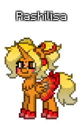 Size: 208x316 | Tagged: safe, artist:princess ice color twinkle, oc, oc:rashilisa, alicorn, pony, pony town, blushing, brown eyes, chest hair, clothes, female, freckles, mare, orange skin, ponytail, red bow, red shoes, side horn, simple background, tail, transparent background, yellow mane, yellow tail