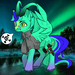 Size: 1024x1024 | Tagged: oc name needed, safe, artist:princess ice color twinkle, oc, pegasus, angry, avatar maker fantasy pony, chat bubble, cloth, foot accessory, green skin, gritted teeth, male, nature background, spread wings, stallion, teeth, two toned mane, wen cutie mark, wings