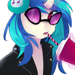 Size: 2000x2000 | Tagged: safe, artist:dmitrymemovznok, dj pon-3, vinyl scratch, pony, unicorn, g4, bust, clothes, cup, drinking straw, female, glasses off, headphones, high res, horn, jacket, leather, leather jacket, levitation, magic, mare, simple background, sitting, solo, telekinesis, white background