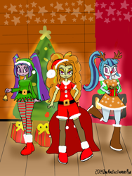 Size: 1536x2048 | Tagged: safe, artist:wvdr220dr, adagio dazzle, aria blaze, sonata dusk, deer, elf, equestria girls, cartoon, christmas, clothes, costume, holiday, present, the dazzlings