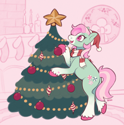 Size: 1824x1834 | Tagged: safe, artist:beyhr, minty, earth pony, pony, g3, christmas, christmas tree, clothes, colored hooves, fireplace, hat, holiday, hooves, ornaments, pink mane, pink tail, santa hat, scarf, smiling, solo, stockings, tail, thigh highs, tree, unshorn fetlocks, wreath