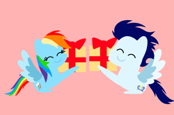 Size: 1935x1285 | Tagged: safe, anonymous artist, derpibooru exclusive, rainbow dash, soarin', pegasus, pony, series:soarindash hearth's warming, series:soarindash romantic tales, g4, female, male, mare, pointy ponies, present, ship:soarindash, shipping, sitting, smiling, stallion, straight