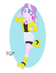 Size: 1548x1999 | Tagged: safe, artist:datzigga, diamond tiara, human, equestria girls, g4, blue eyes, boots, clothes, cutie mark accessory, cutie mark hair accessory, ear piercing, earring, hair accessory, humanized, jacket, jewelry, looking at you, necklace, piercing, running, shoes, shorts, shorts under skirt, simple background, skirt, solo