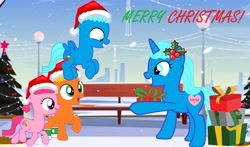 Size: 4534x2671 | Tagged: safe, artist:memeartboi, earth pony, pegasus, pony, unicorn, g4, anais watterson, brother and sister, brothers, christmas, christmas gift, christmas lights, christmas presents, christmas tree, clothes, colt, cute, daisy the donkey, darwin watterson, eyes open, female, filly, flying, foal, gift giving, gift wrapped, grin, group, gumball watterson, happy, hat, heart, hearth's warming, heartwarming, holding, holding a gift, holding a present, holiday, horn, little sister, male, mare, merry christmas, mistletoe, mother, mother and child, mother and daughter, mother and son, motherly, nicole watterson, open mouth, outdoors, pegasus wings, ponified, present, quartet, santa hat, siblings, smiling, snow, socks, spread wings, standing, teeth, the amazing world of gumball, tree, unicorn horn, wings, winter