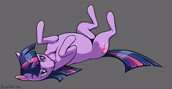 Size: 3500x1800 | Tagged: safe, artist:dogpacha, twilight sparkle, pony, unicorn, g4, female, gray background, high res, lying down, mare, on back, simple background, solo, unicorn twilight