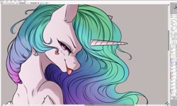 Size: 2215x1328 | Tagged: safe, artist:miokomata, princess celestia, alicorn, pony, g4, bust, female, lidded eyes, looking at you, mare, screenshots, solo, tongue out, wip