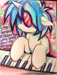 Size: 2795x3686 | Tagged: safe, artist:snailhierachy, dj pon-3, vinyl scratch, pony, unicorn, g4, bust, colored pencil drawing, female, floppy ears, fred figglehorn, horn, keyboard, mare, musical instrument, playing, solo, traditional art