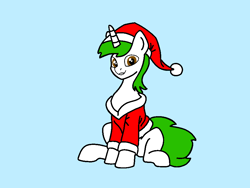 Size: 960x720 | Tagged: safe, artist:lonstecation, oc, oc only, oc:lonstecation, pony, unicorn, g4, blue background, christmas, christmas costume, clothes, costume, hat, hearth's warming, hearth's warming eve, holiday, horn, male, merry christmas, png, santa costume, simple background, sitting, solo, stallion