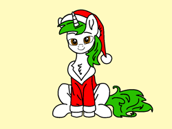 Size: 960x720 | Tagged: safe, artist:lonstecation, oc, oc only, oc:lonstecation, pony, unicorn, g4, christmas, christmas costume, clothes, costume, hat, hearth's warming, hearth's warming eve, holiday, horn, male, merry christmas, png, santa costume, simple background, sitting, solo, stallion, yellow background