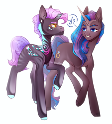 Size: 3342x3708 | Tagged: safe, artist:dreamyrat, oc, oc only, oc:adolph, oc:obsidian, pony, unicorn, 2021, blue eyes, blue mane, broken horn, butt, dialogue, duo, duo male, ear piercing, gem, high res, horn, looking at each other, looking at someone, male, male oc, old art, open mouth, piercing, pink mane, plot, purple mane, simple background, stallion, stallion oc, two toned mane, unicorn oc, white background, yellow eyes