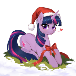 Size: 2653x2653 | Tagged: safe, artist:sierraex, twilight sparkle, pony, unicorn, g4, bow, christmas, cute, female, grass, hat, heart, holiday, horn, looking at you, lying down, mare, prone, ribbon, santa hat, sitting, snow, solo, spine, twiabetes, unicorn twilight