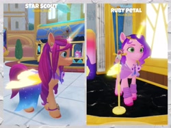 Size: 4590x3442 | Tagged: safe, sunny starscout, oc, alicorn, pony, g5, 3d, clothes, crown, dress, ear piercing, earring, indoors, jewelry, look-alike, microphone, outdoors, outfit, piercing, pippcorn, race swap, regalia, roblox, roleplay, side view, socks, speaker, standing, sunnycorn, video game, window, zephyr heights