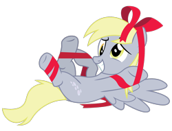 Size: 1574x1200 | Tagged: safe, artist:prixy05, derpy hooves, pegasus, pony, g4, cross-eyed, female, lying down, mare, on back, ribbon, simple background, solo, tangled up, transparent background, vector